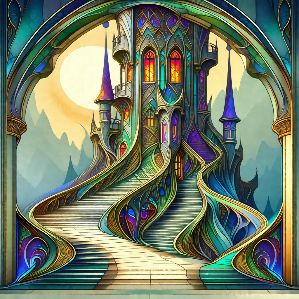 Colorful and detailed painting of a castle with a spiral ...