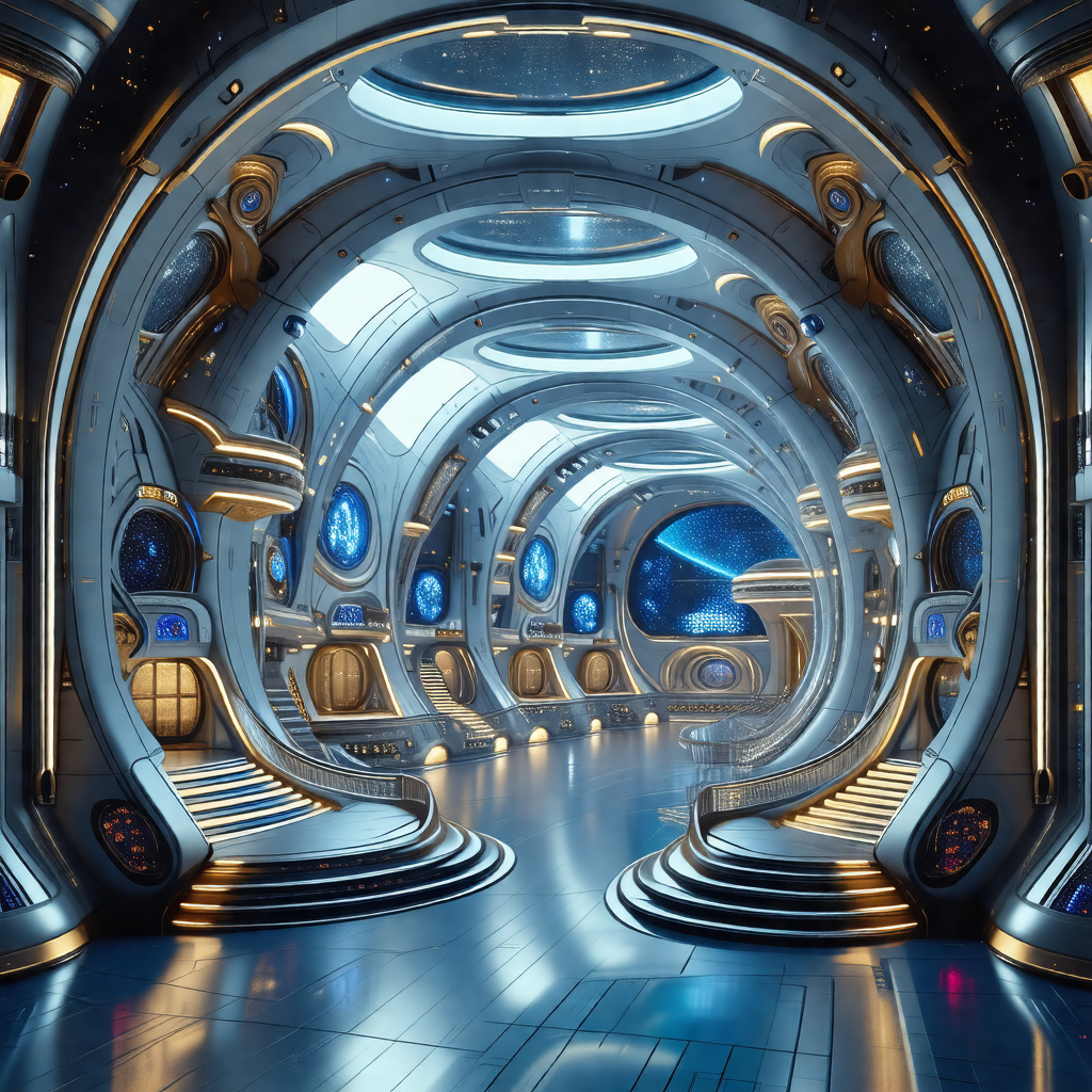 Futuristic space station with a large, curved hallway