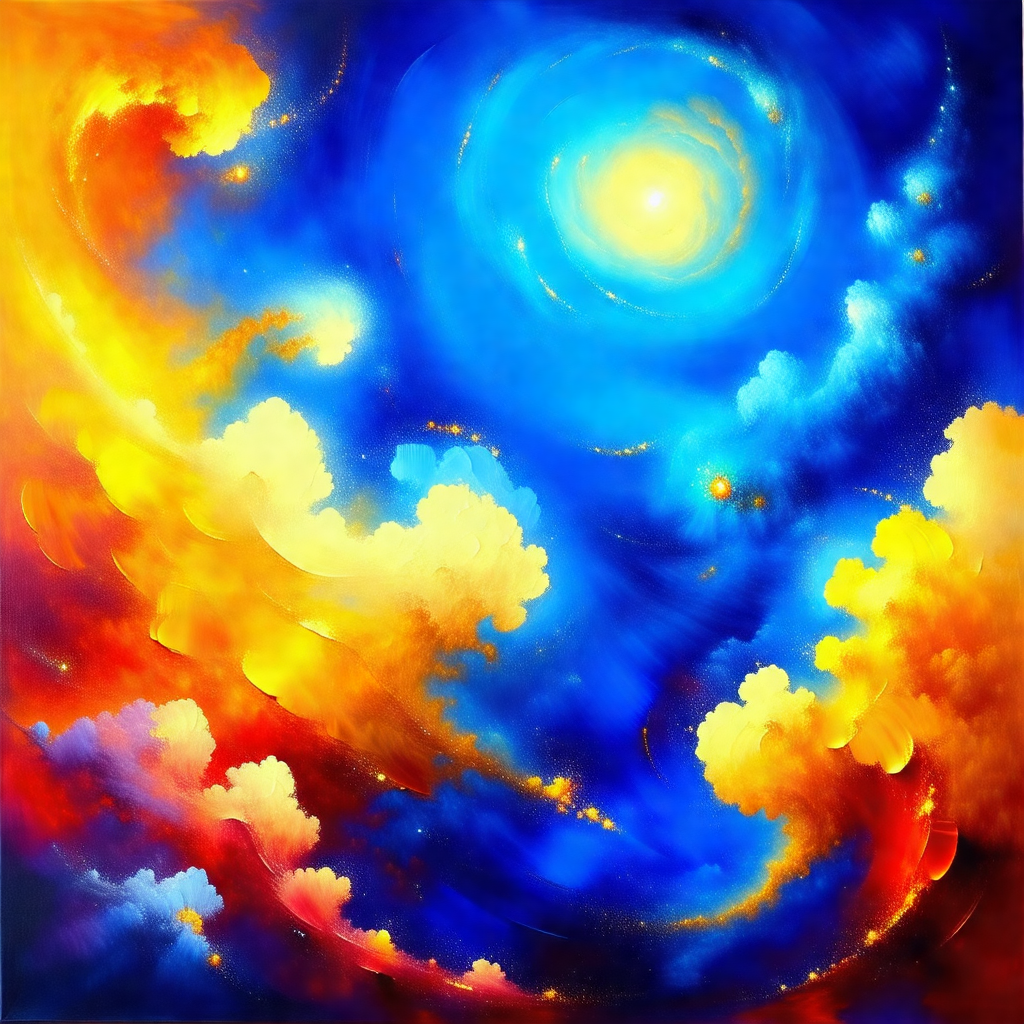 Painting of a blue sky with clouds and a sun
