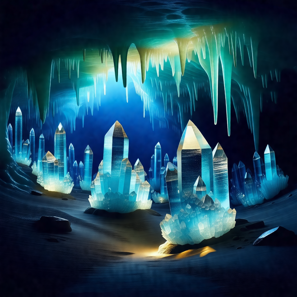 Cave with a blue light illuminating the space