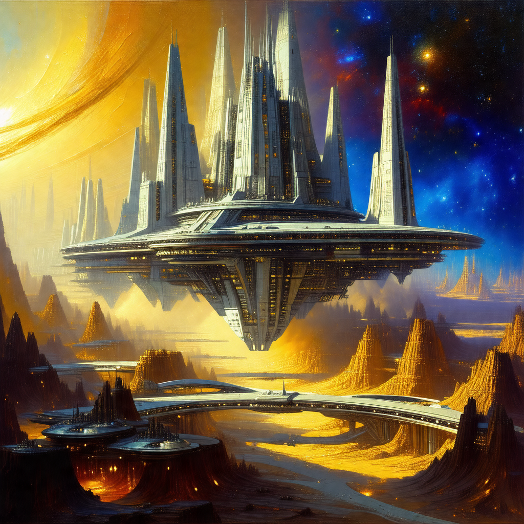 Futuristic city with a large, white, circular building in...