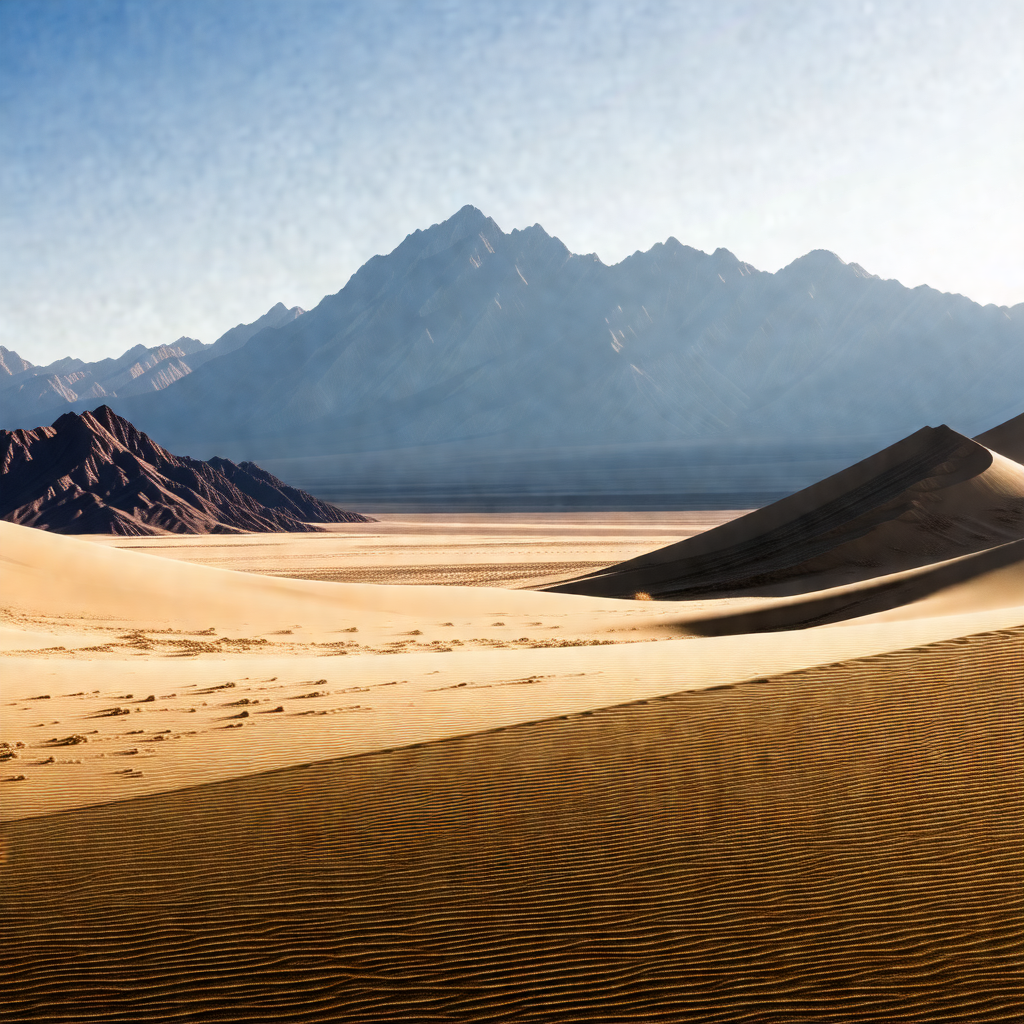 Sandy desert landscape with a mountain range in the backg...