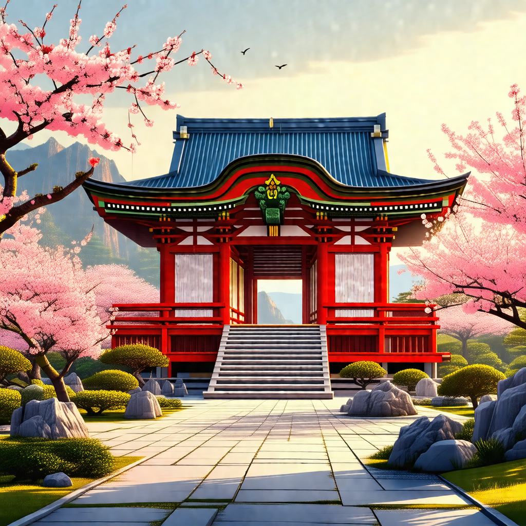 Painting of a red and white building with a large red roof