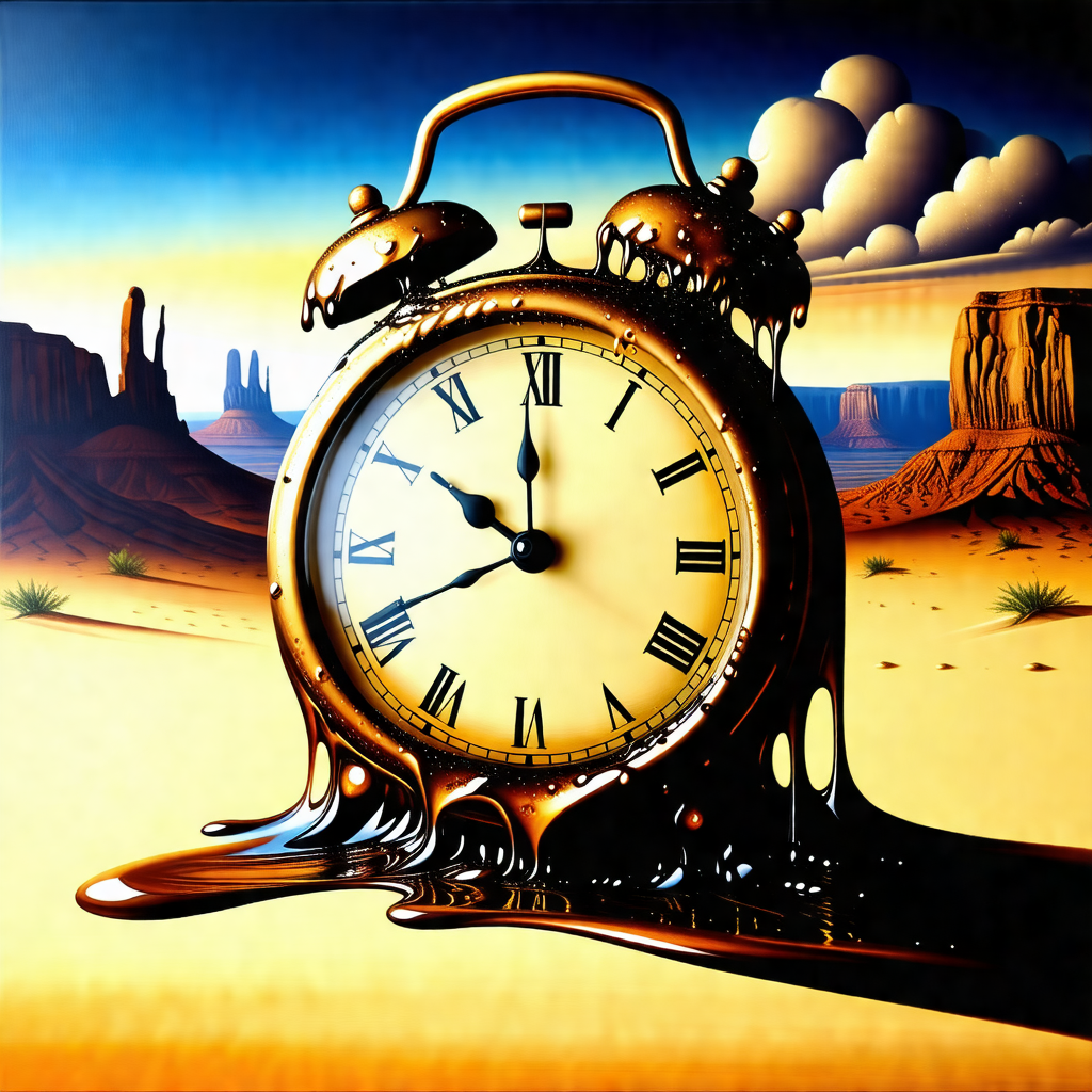 Large, golden clock with a chocolate-like substance dripp...