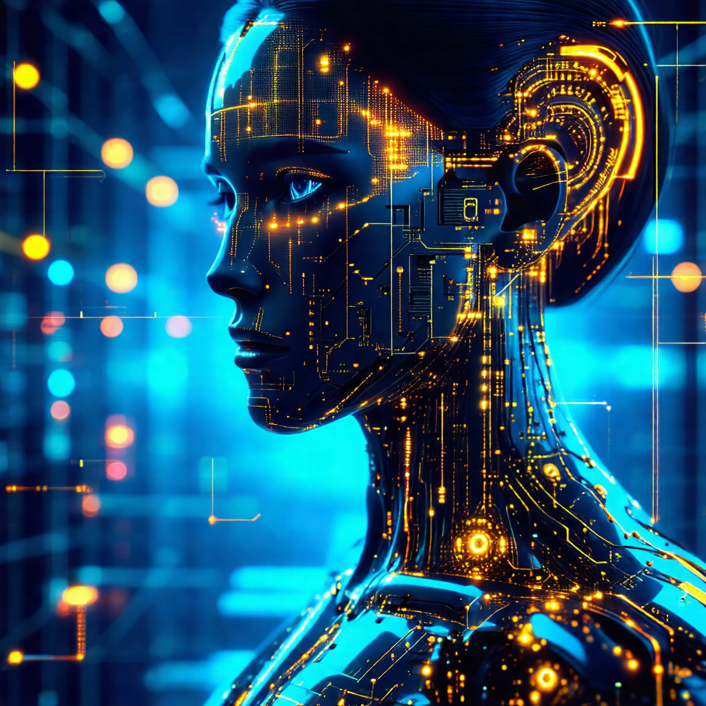 Futuristic robot with a human-like face, giving it a uniq...
