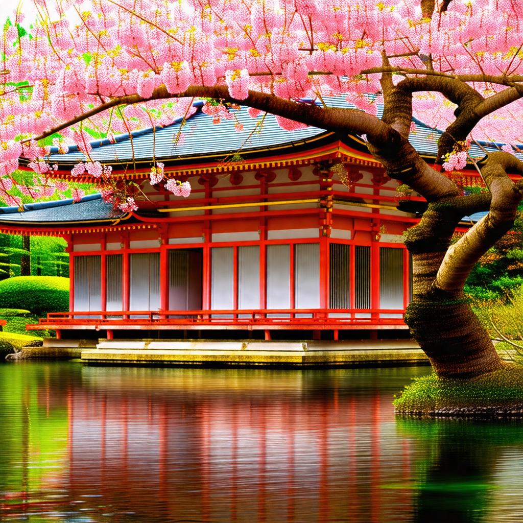 Beautiful red and white building with a pink roof, surrou...