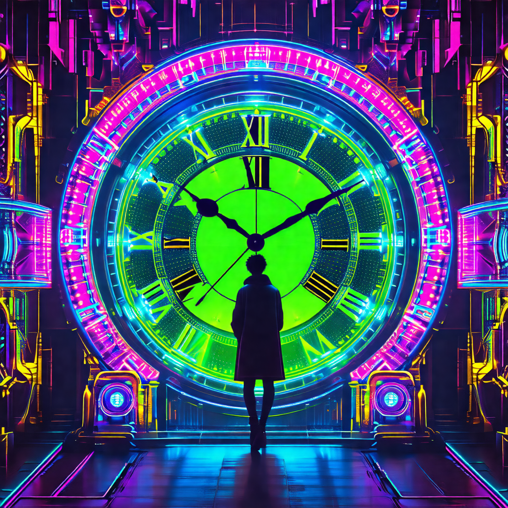 Person standing in front of a large, colorful clock