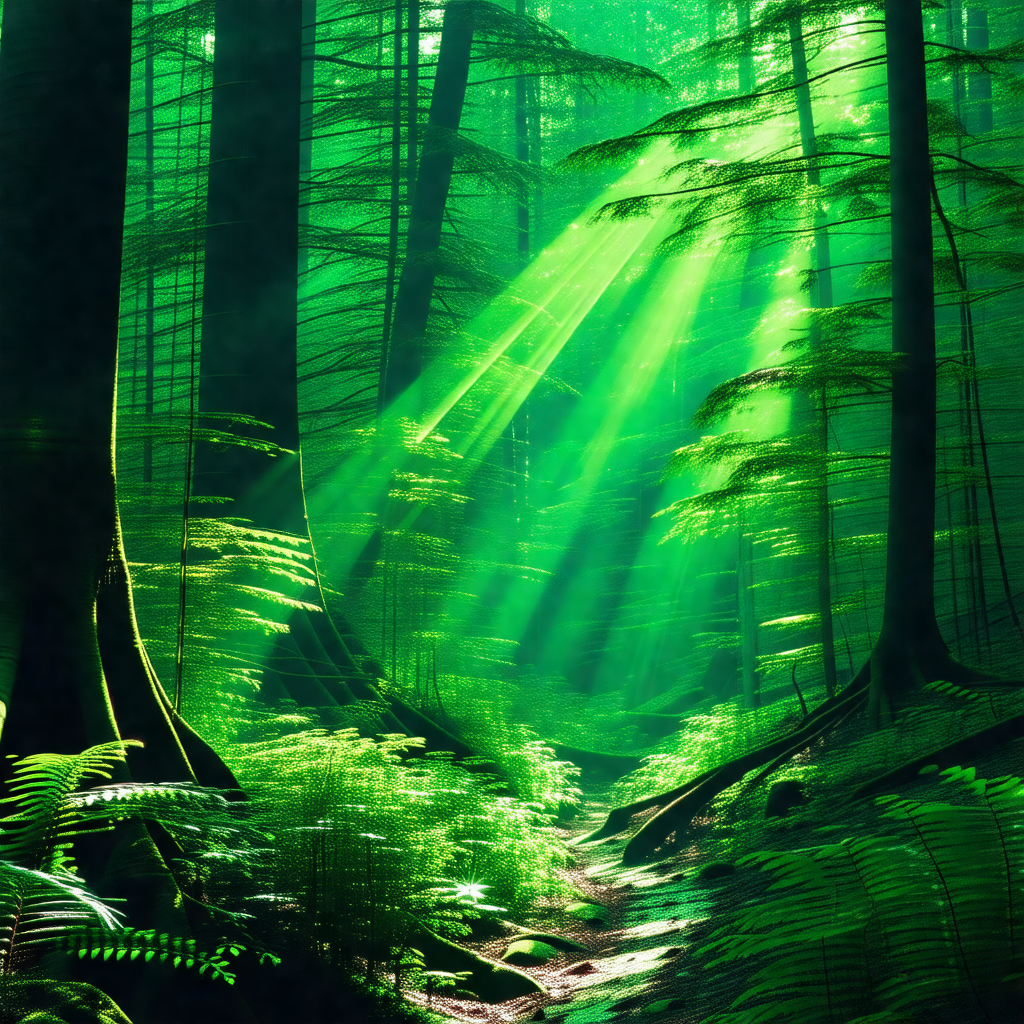 Lush green forest filled with trees and ferns