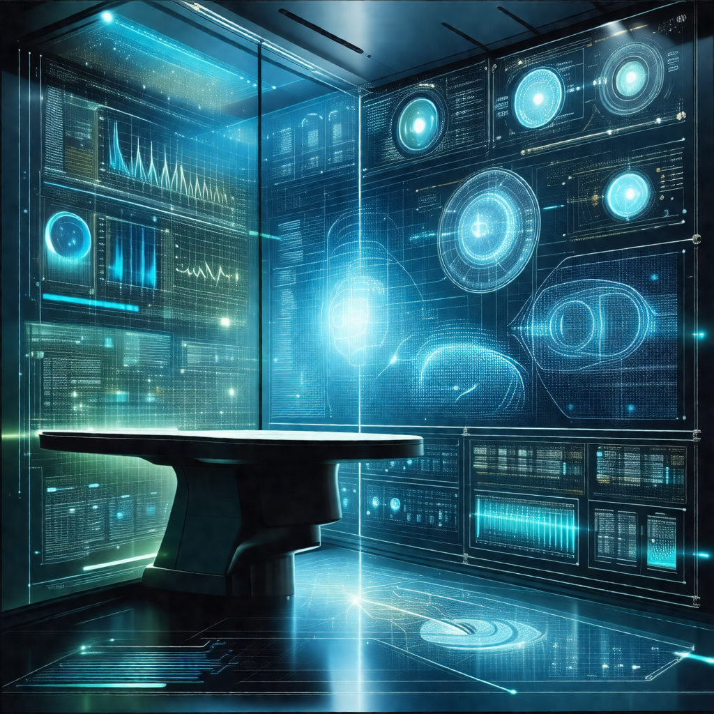 Futuristic room with a large table in the center
