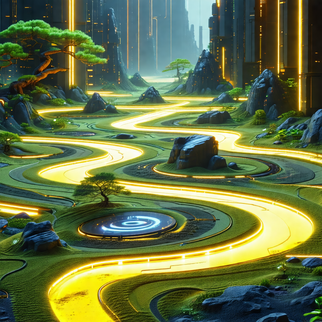 Computer-generated, 3d landscape featuring a winding path...