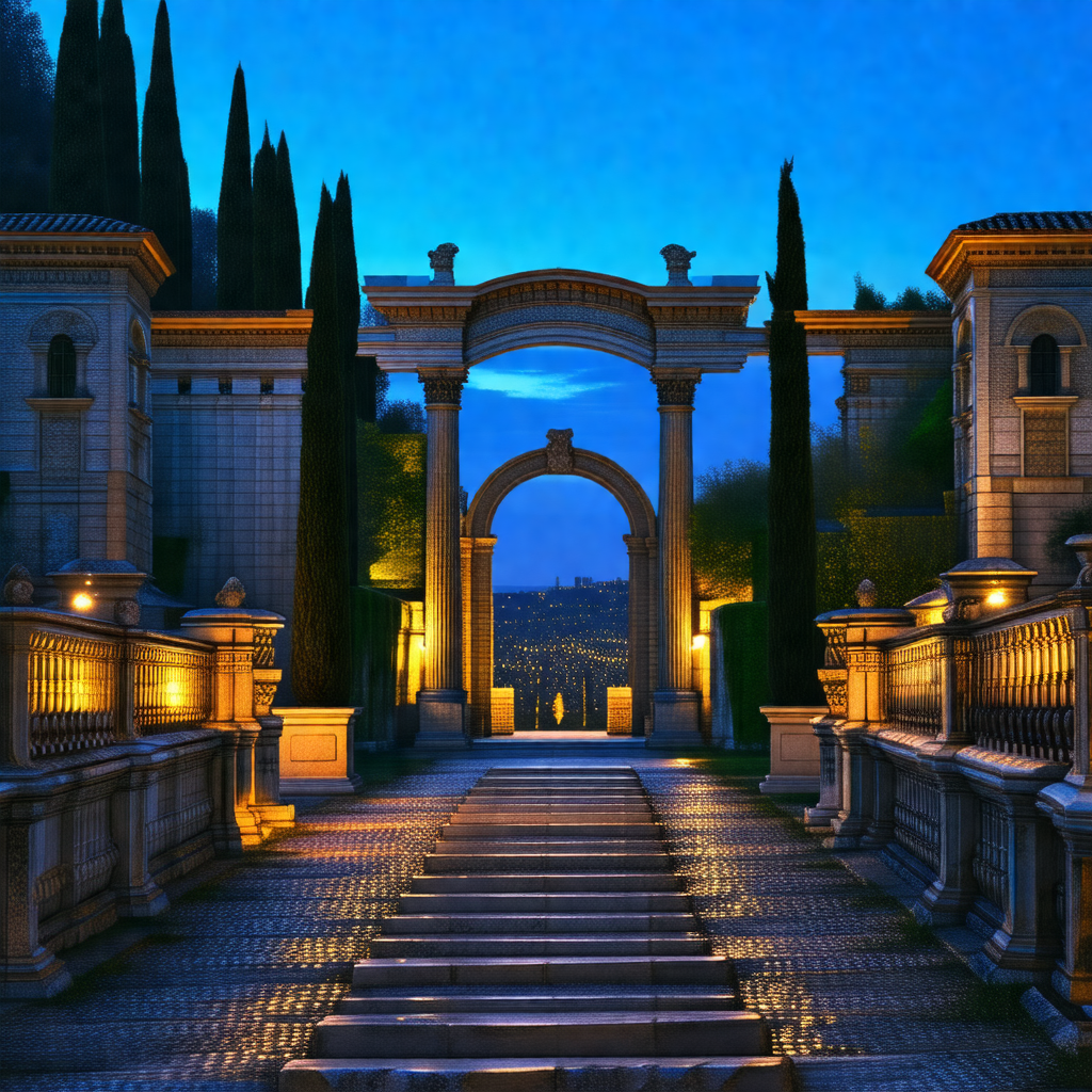 Painting of a beautiful garden with a large archway