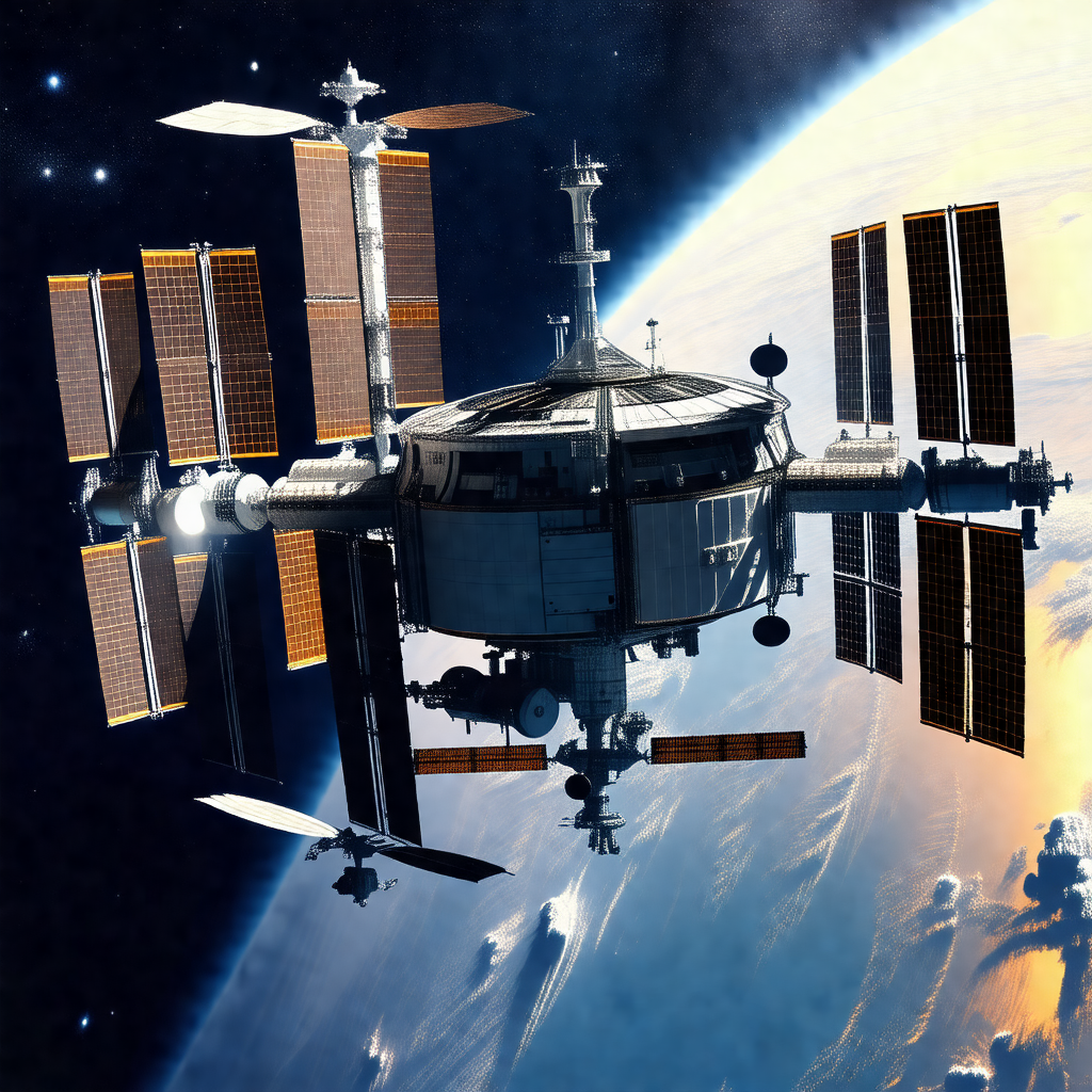 Space shuttle with a large dome on top, floating in the air
