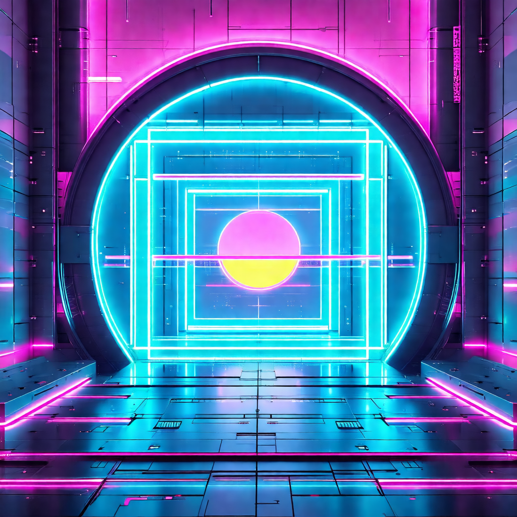 Futuristic room with a large, brightly colored, neon-lit ...