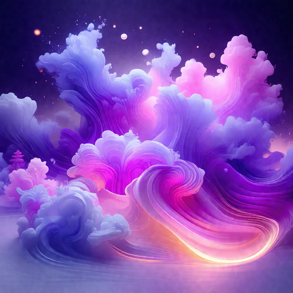 Colorful and abstract artwork featuring a purple and pink...