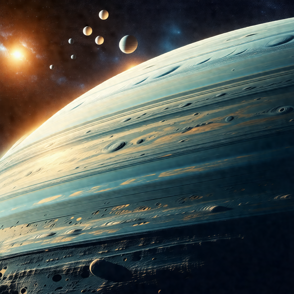 Large, blue, and white planet with a ring of moons surrou...
