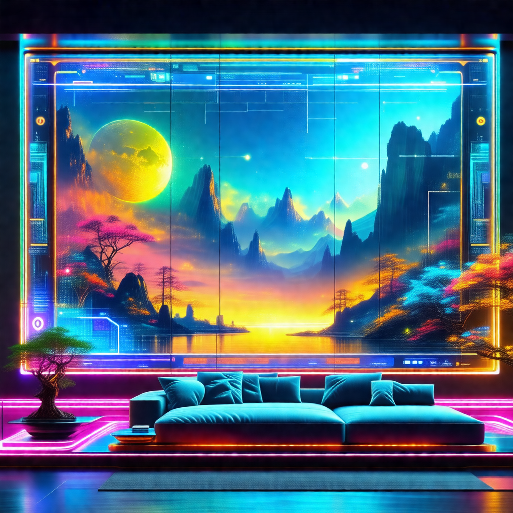 Futuristic living room with a large, colorful painting on...