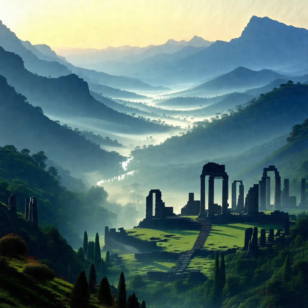 Painting of a mountainous landscape with a large, ancient...