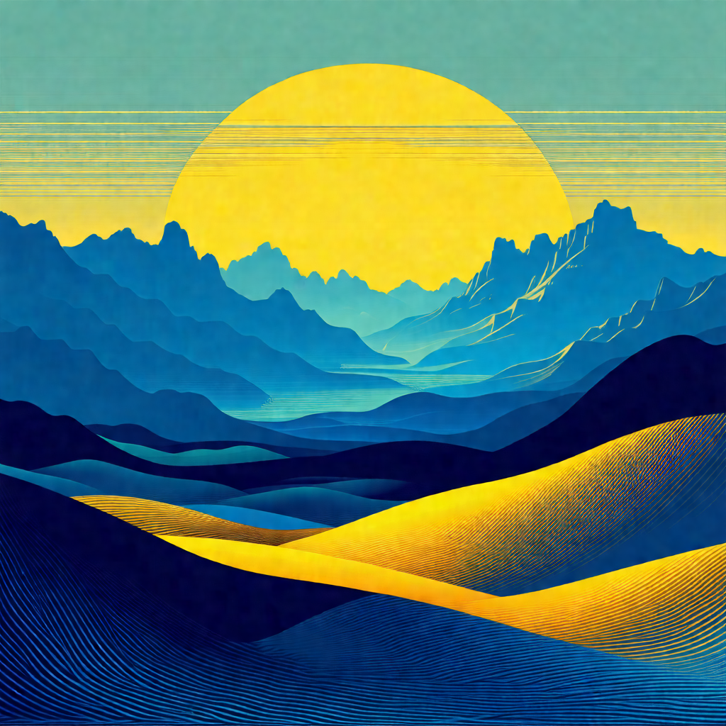 Beautiful painting of a mountainous landscape with a suns...