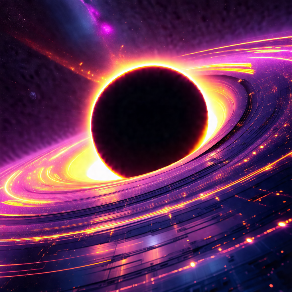 Purple and orange nebula with a black hole in the center