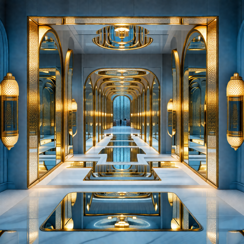 Large, ornate hallway with a reflective surface