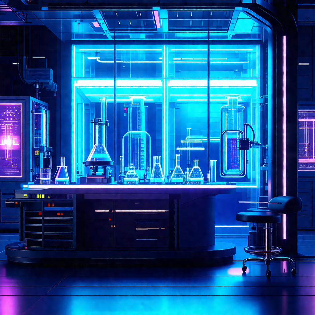 Laboratory with a long counter filled with various scient...