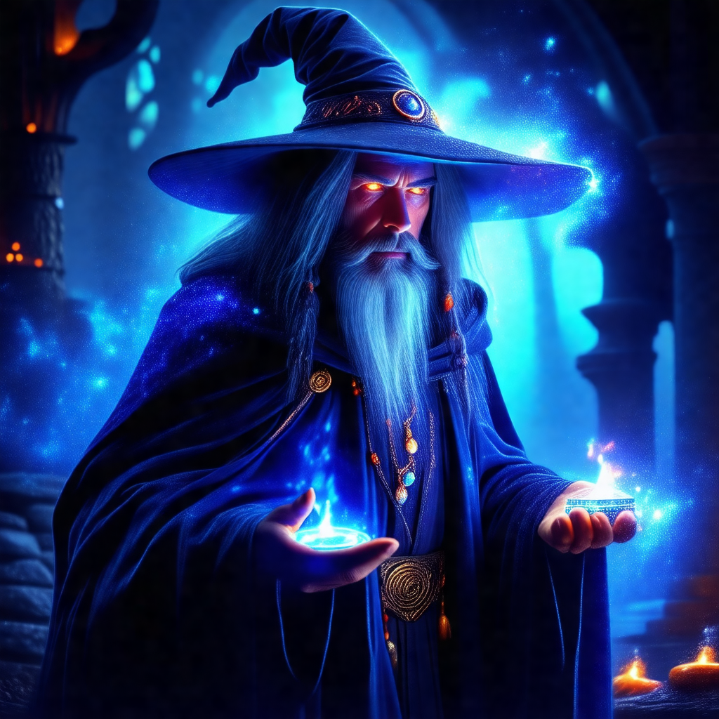 Wizard with a long white beard, wearing a blue robe and a...
