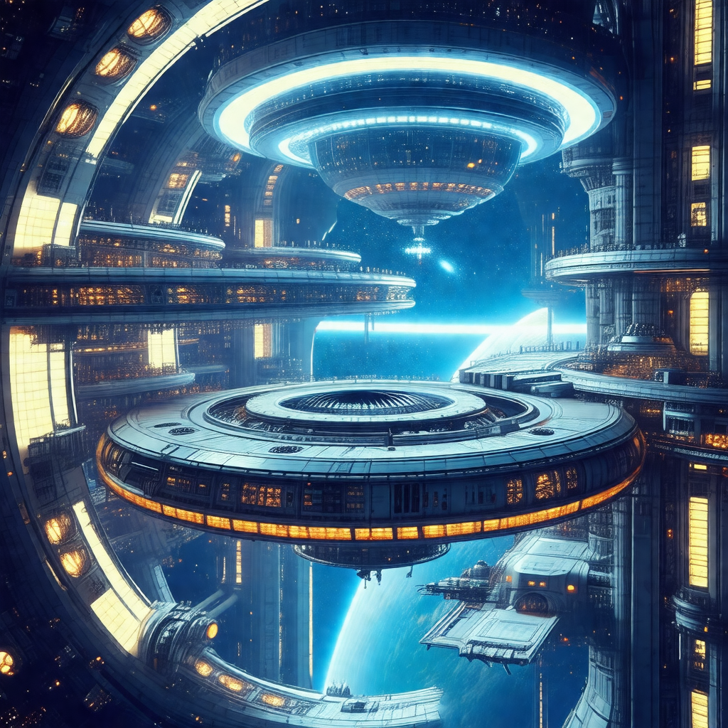 Futuristic, computer-generated scene featuring a large, m...