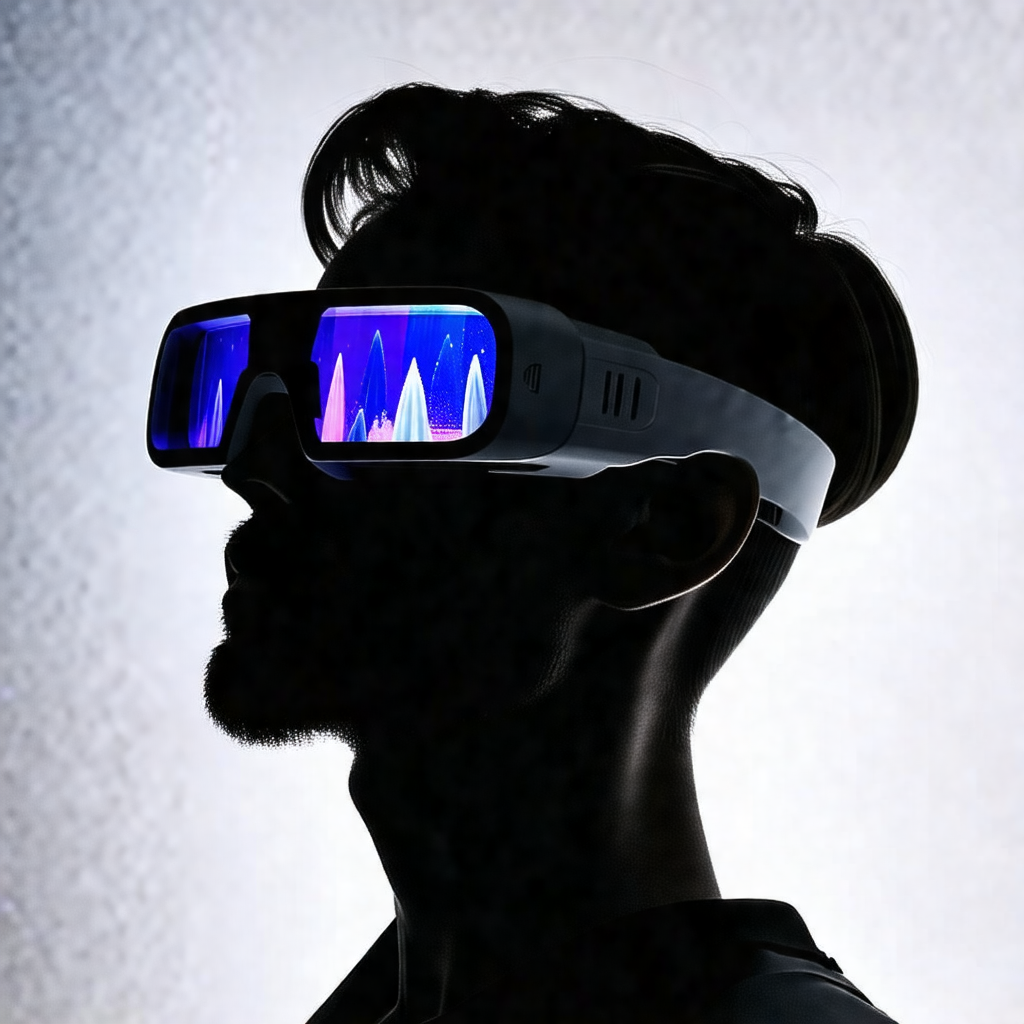 Man wearing a pair of glowing glasses, which are illumina...