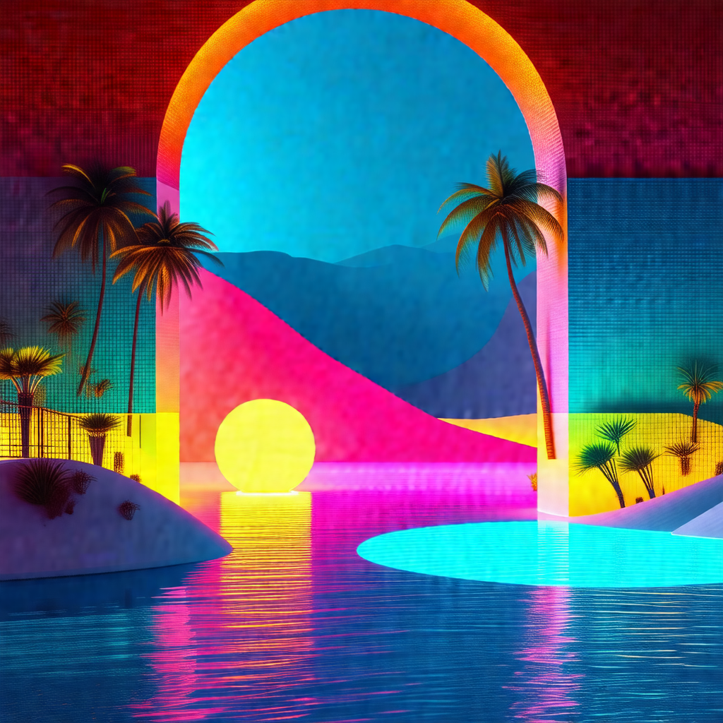 Tropical scene with a large, colorful archway that leads ...