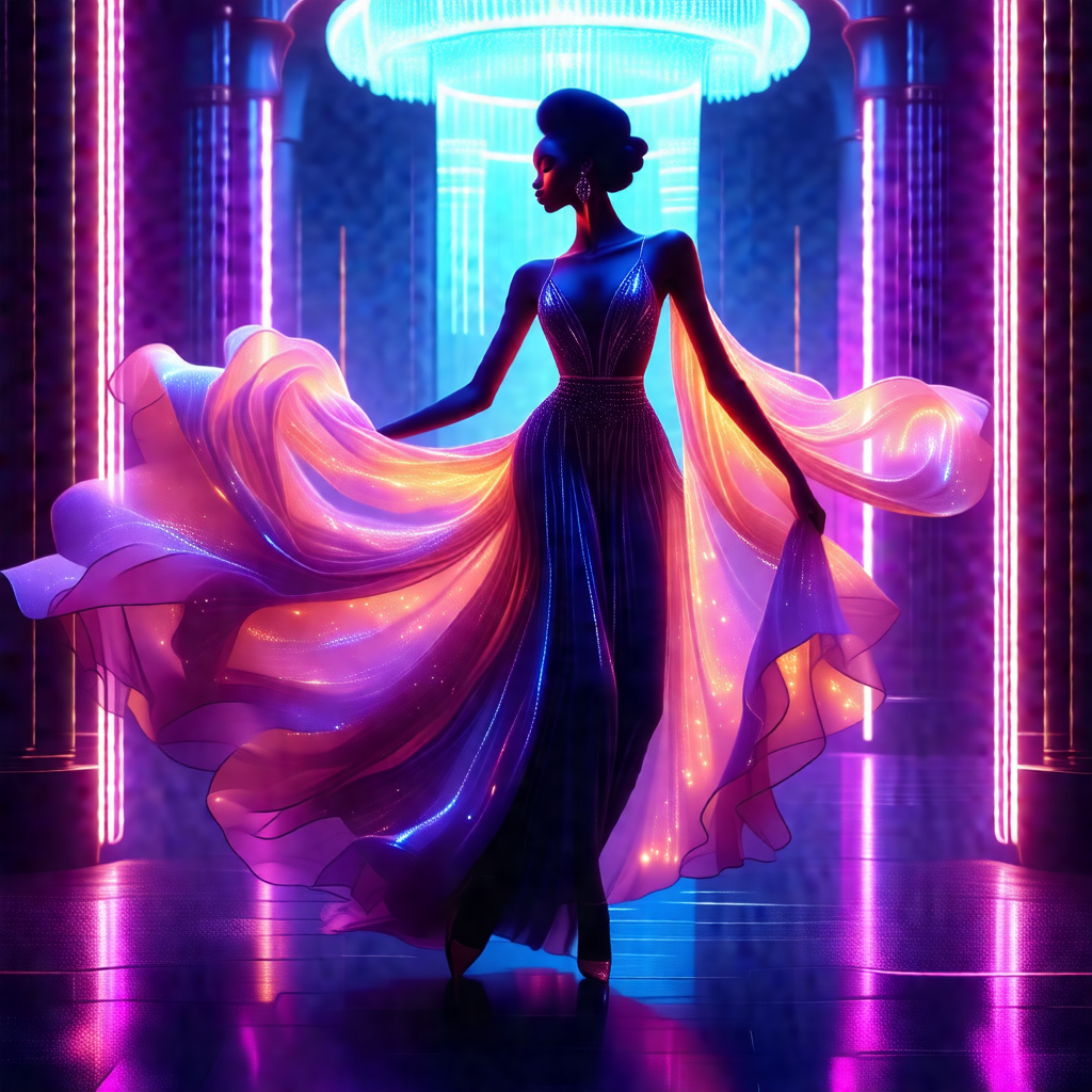 Woman wearing a blue dress, standing in a room with a pur...
