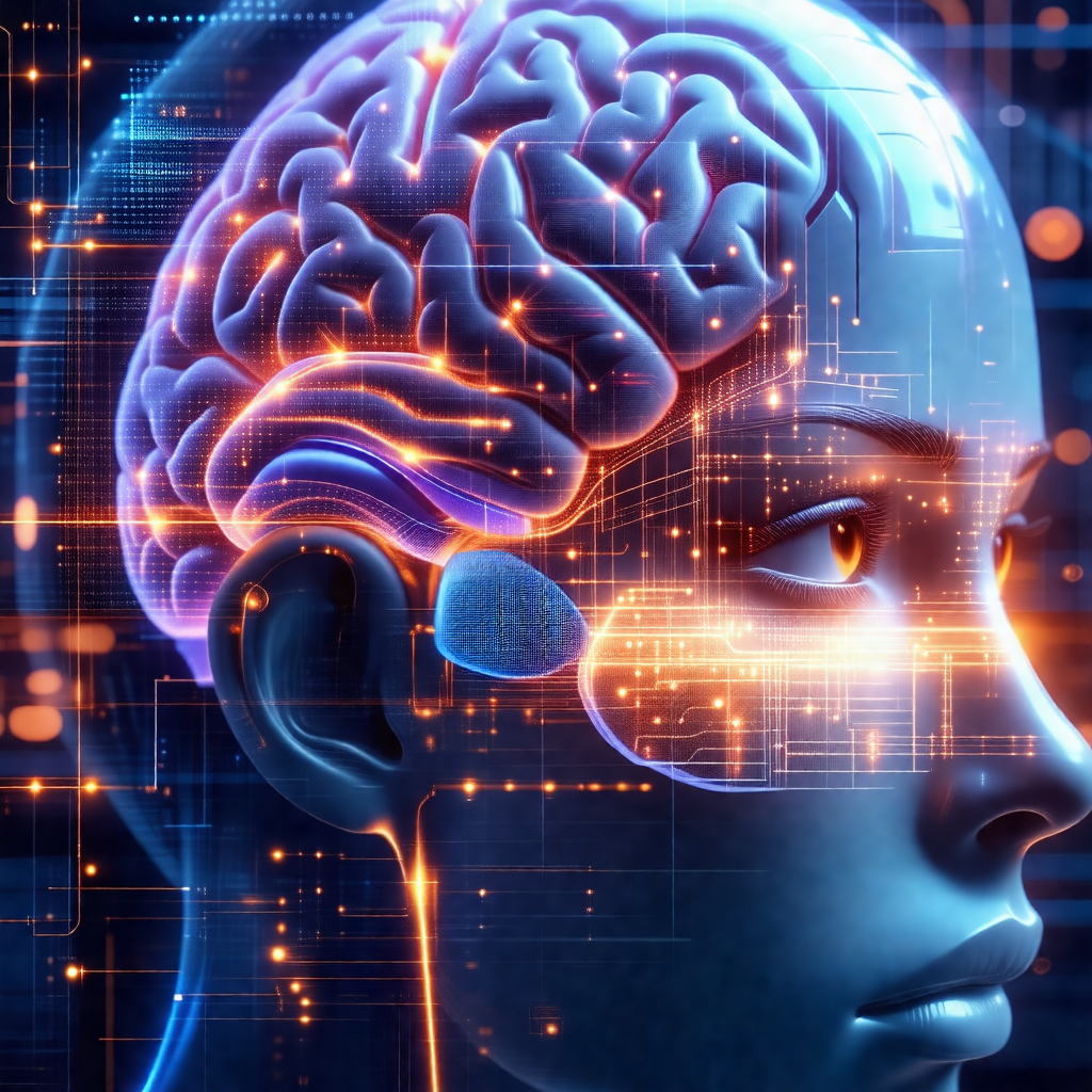 Close-up of a human head, focusing on the brain and the eyes