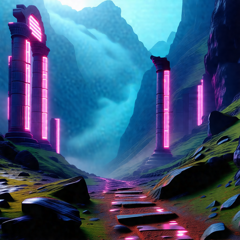 Digital painting of a mountainous landscape with a path l...