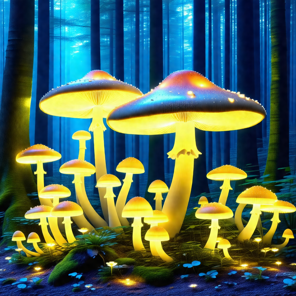 Forest with a group of mushrooms glowing in the dark
