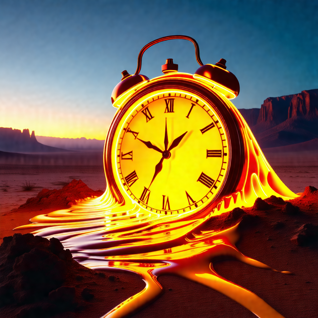 Large, lit-up clock sitting in the middle of a desert lan...