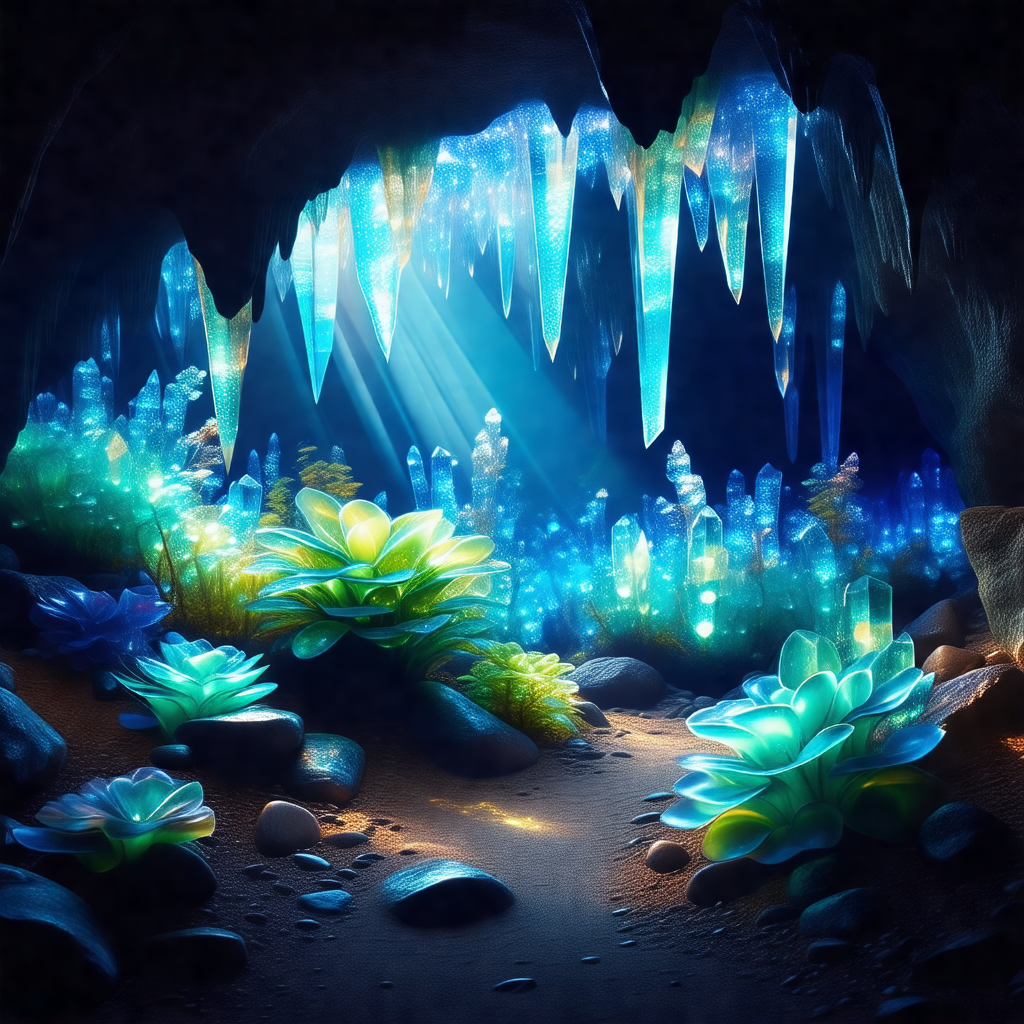 Digital painting of a cave with a blue and green color sc...