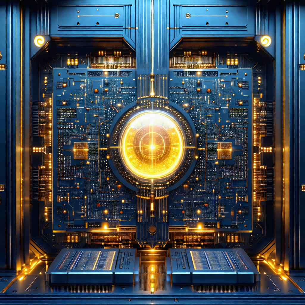 Futuristic-looking blue door with a large, circular, gold...