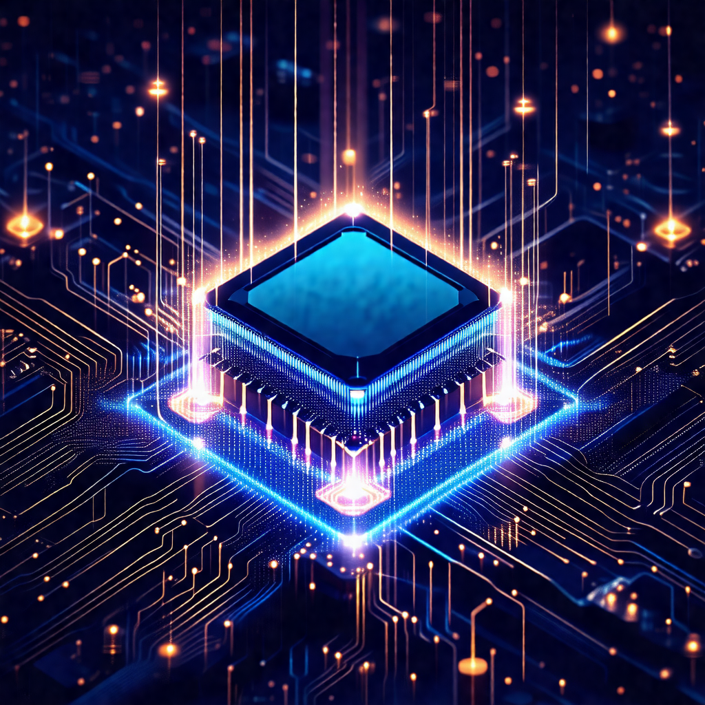 Close-up of a computer chip with a blue square in the center