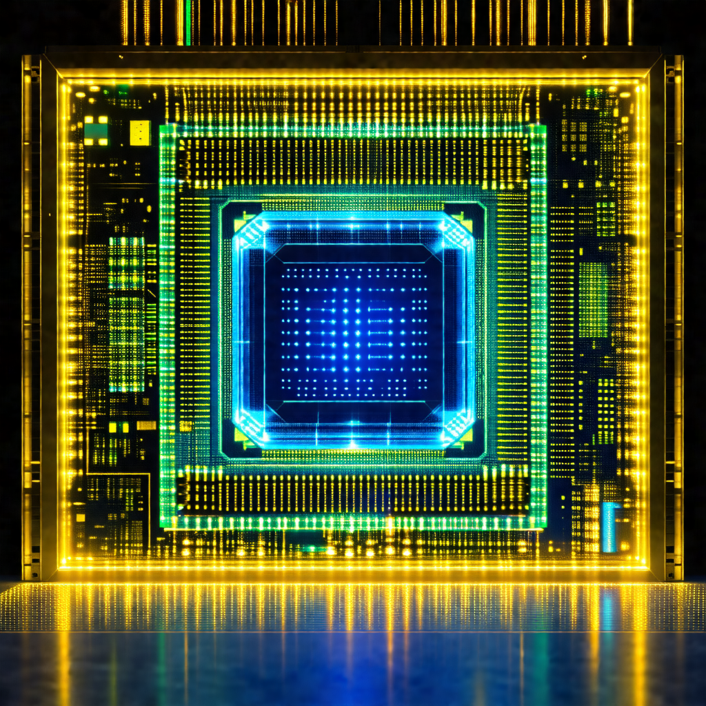 Close-up of a computer circuit board with a blue square i...