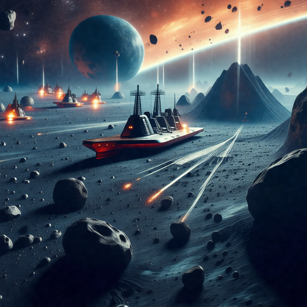 Futuristic scene with a large spacecraft flying through t...