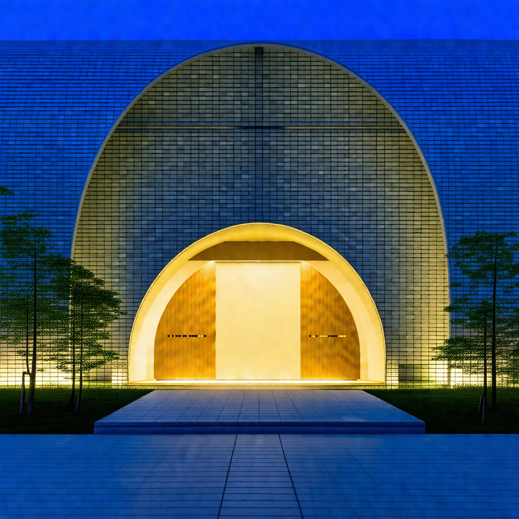 Large, open building with a large archway in the center