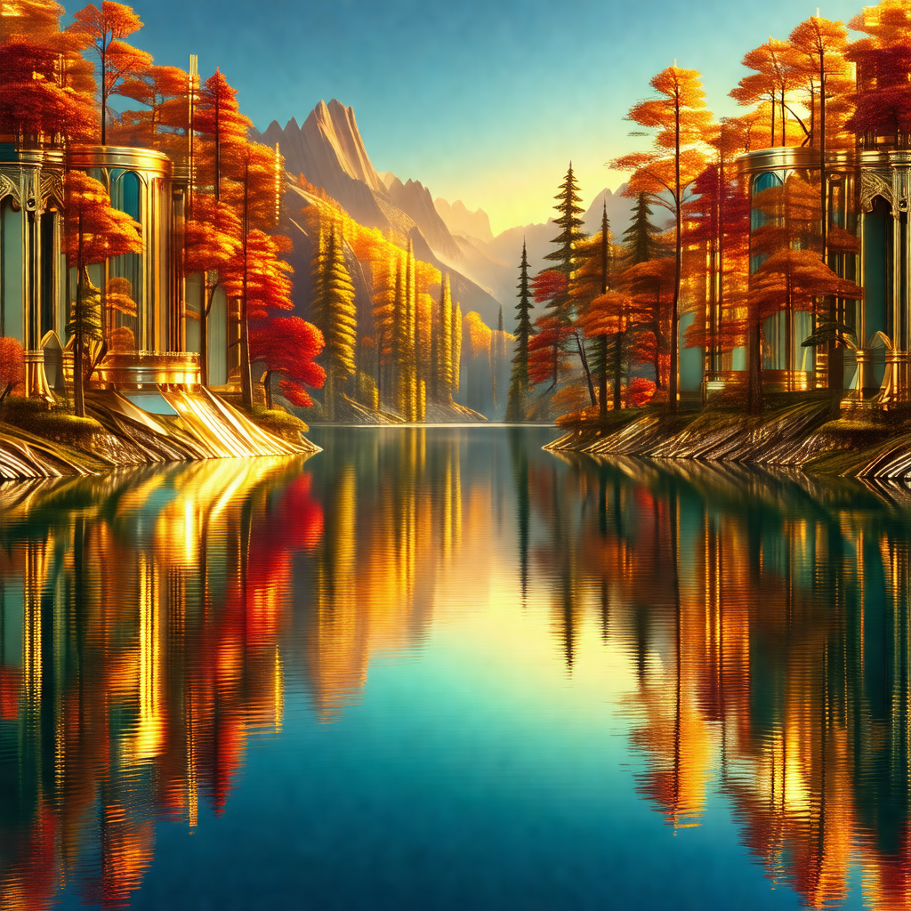 Painting of a serene lake surrounded by trees