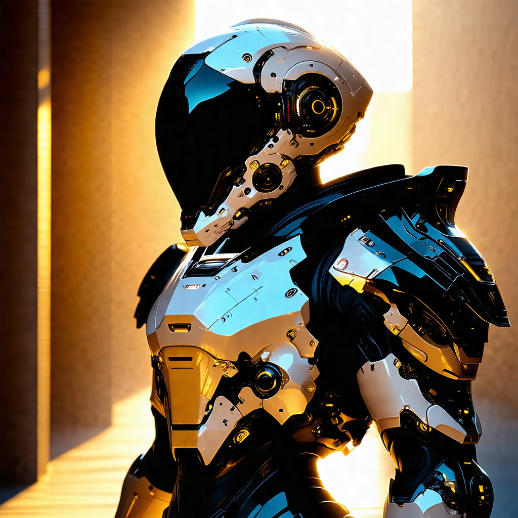 Futuristic robot with a metallic body and a helmet on its...