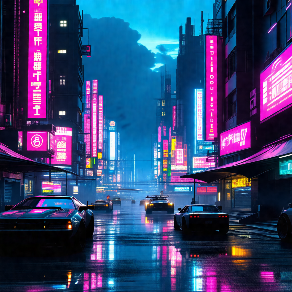 City street at night, with a group of cars driving down t...