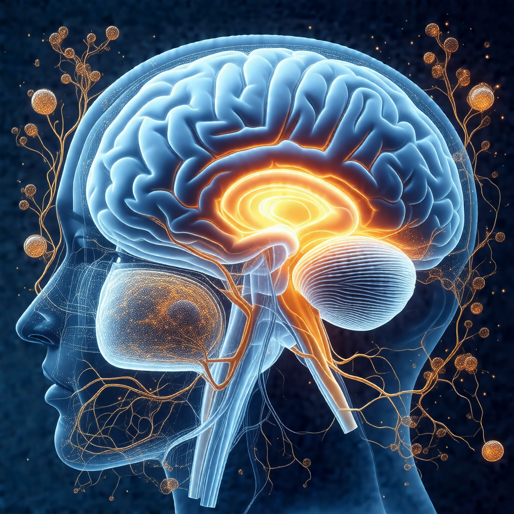 Close-up of a human head, focusing on the brain and its s...