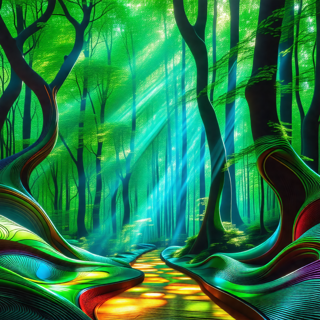 Lush, green forest with a pathway leading through it