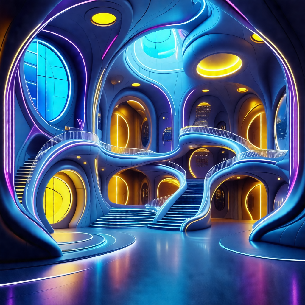 Futuristic building with a spiral staircase leading to th...