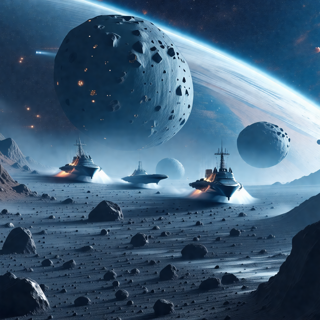 Futuristic scene with a group of four spaceships flying t...