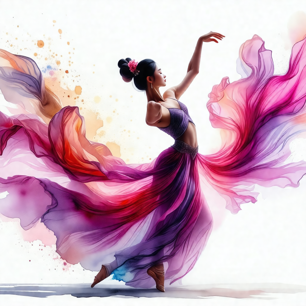 Painting of a woman in a flowing dress, dancing with her ...