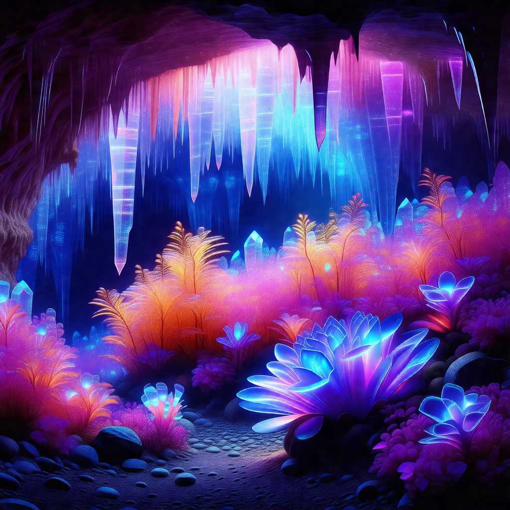 Colorful and vibrant digital painting of a cave with a va...
