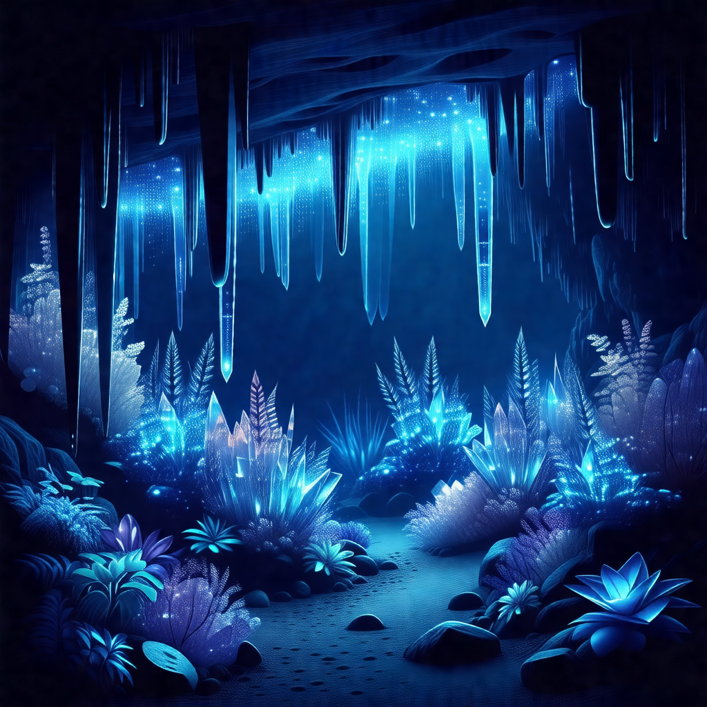 Colorful, animated scene of a cave with a blue light illu...